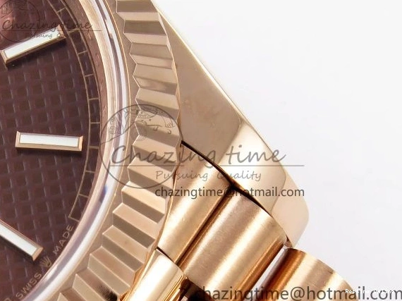 0125 SunProtective Day Date 40 RG JDF 904L Steel Brown Textured Stick Dial on President Bracelet VR3255 V3 (Gain Weight) 1359